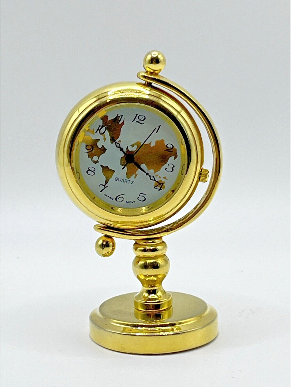Vintage Globe Mini Clock Gold Tone Battery Quartz Analog Functions 3164.2